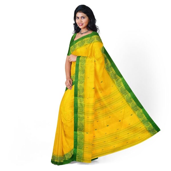 Yellow Cotton Tant Saree with Green Border