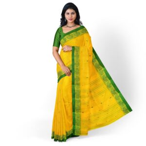 Yellow Cotton Tant Saree with Green Border