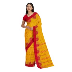 Yellow Pure Cotton Tant Saree with Red Border
