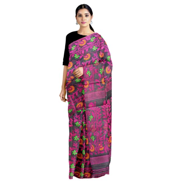 Black and Pink Cotton Silk Saree