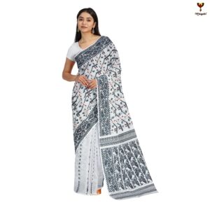 Traditional Black and White Dhakai Jamdani Saree in Pure Cotton Silk