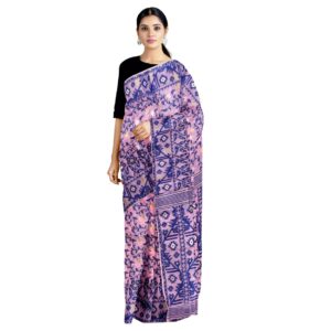 Pink & Blue Dhakai Jamdani Saree in Cotton Silk with All Over Work