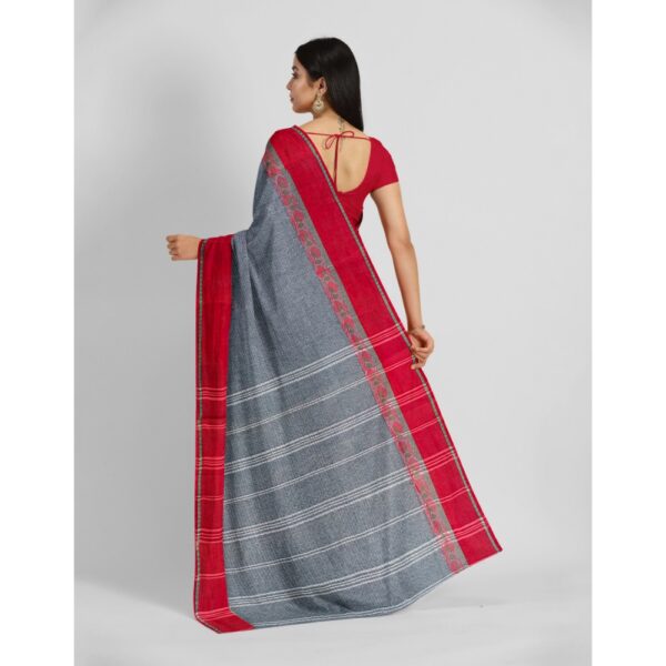 Grey Cotton Tant Saree with Red Border