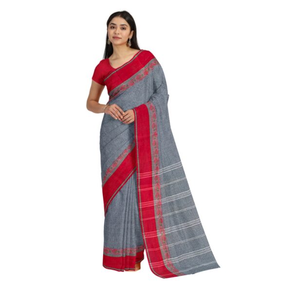 Grey Cotton Tant Saree with Red Border