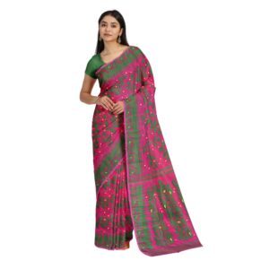 Pink and Green Dhakai Jamdani Saree in Cotton Silk