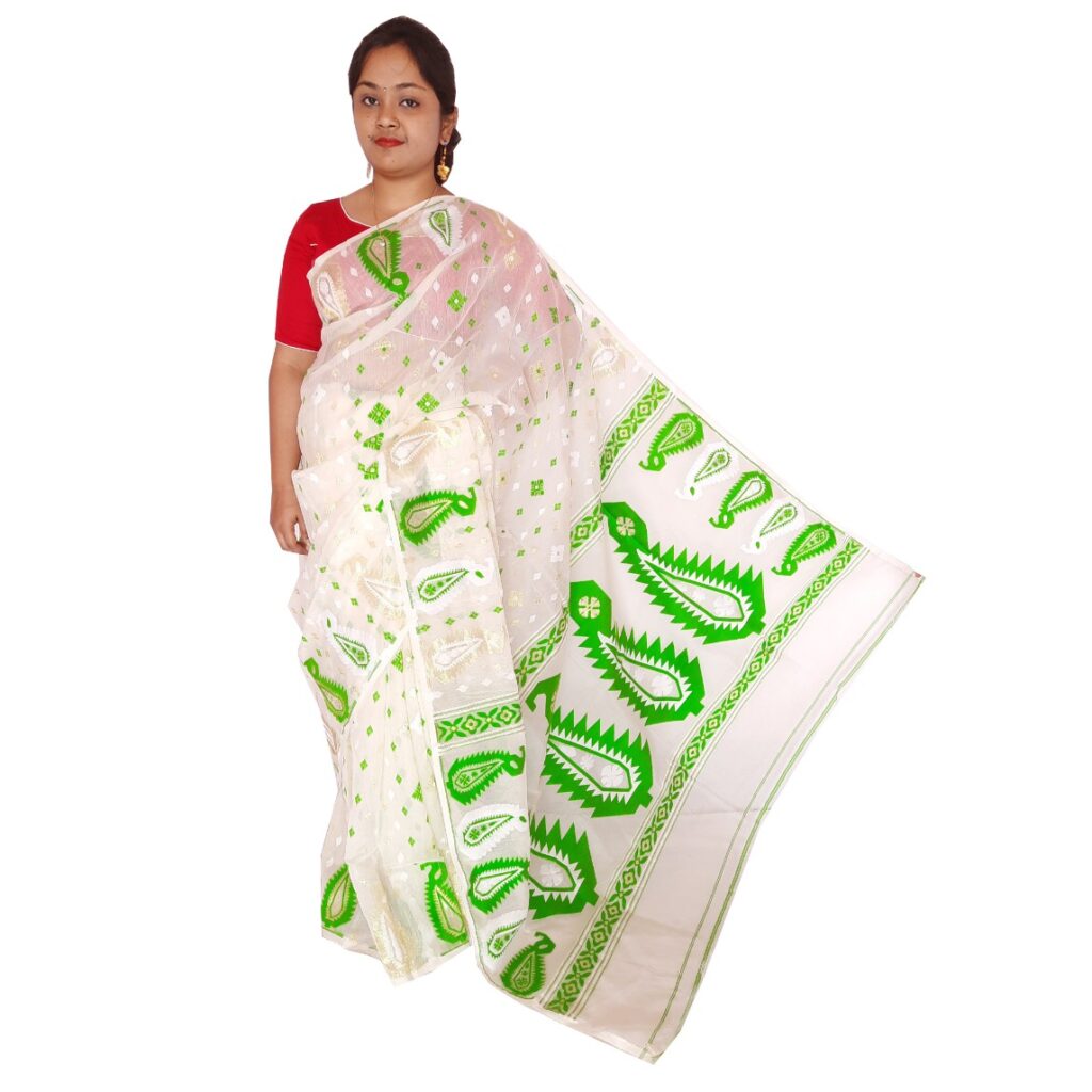 Buy SK Lota White and Pink Soft Dhakai Jamdani Saree