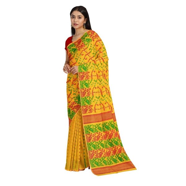 Yellow and Red Cotton Silk Jamdani Saree