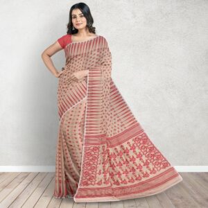 Off White and Red Dhakai Jamdani Saree Pure Cotton Silk