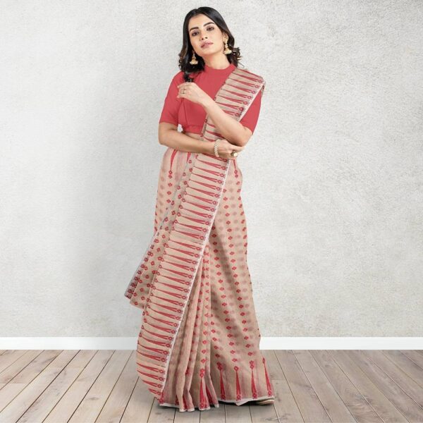 Off White and Red Dhakai Jamdani Saree with temple border