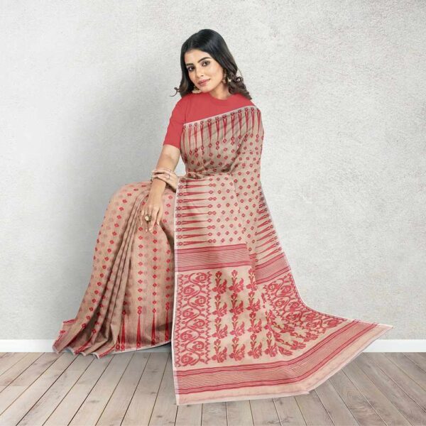 Off White and Red Dhakai Jamdani Saree with temple border