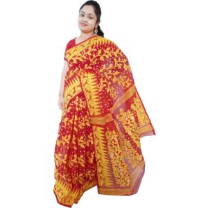 Red and Yellow Dhakai Jamdani Saree Cotton Silk (All Over)