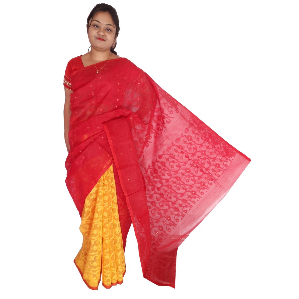 Buy Classy Red And Yellow Half Half Dhakai Jamdani Saree