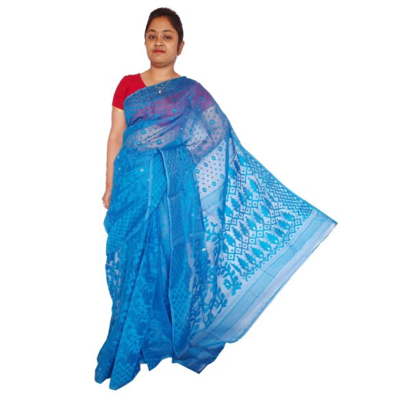 Sky Blue Silk Fulia Dhakai Jamdani Saree Soft