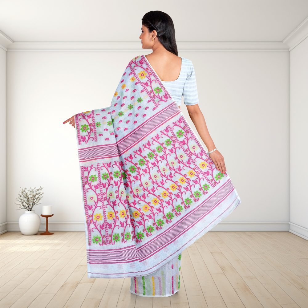 Soft White & Pink Cotton Silk Dhakai Jamdani Saree with Blouse Piece for Puja & Parties 2 White Soft Jamdani Saree