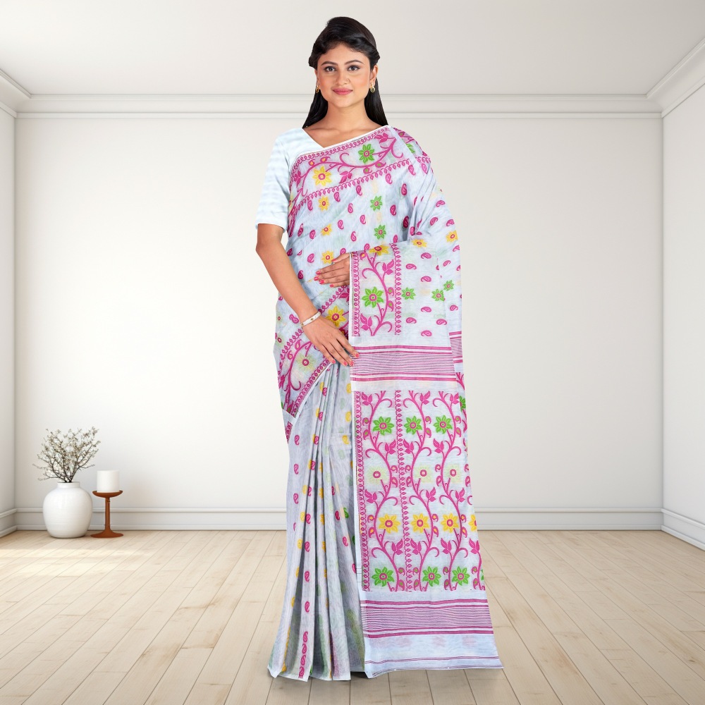 Soft White & Pink Cotton Silk Dhakai Jamdani Saree with Blouse Piece for Puja & Parties 1 White Soft Jamdani Saree
