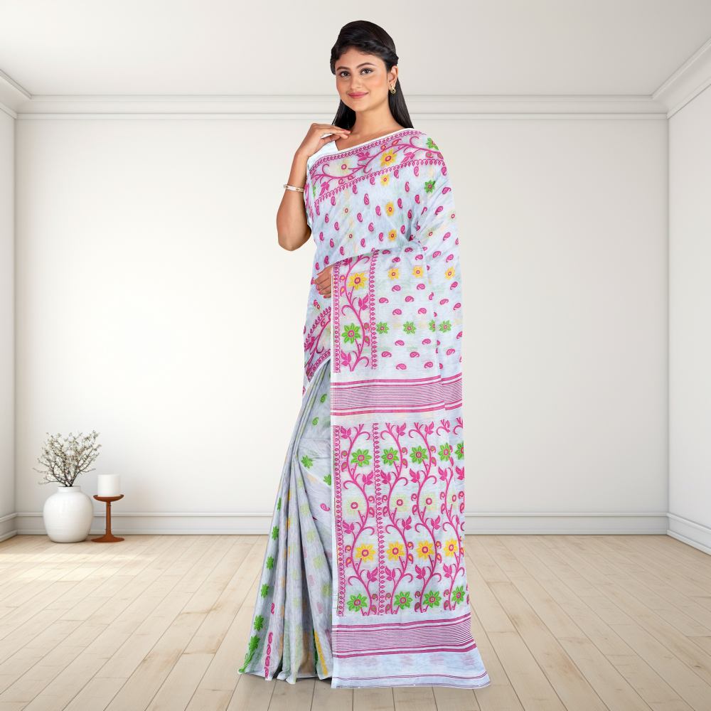Soft White & Pink Cotton Silk Dhakai Jamdani Saree with Blouse Piece for Puja & Parties 3 White Soft Jamdani Saree