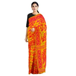 Bengal Handwoven Yellow and Pink soft Jamdani Cotton Silk Saree