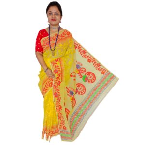Yellow Dhakai Jamdani Saree with Red Border in Pure Cotton Silk