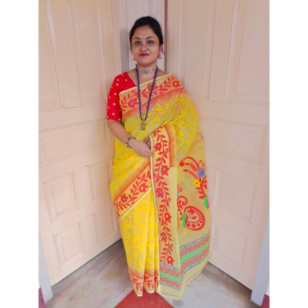 Yellow and Red Jamdani Saree