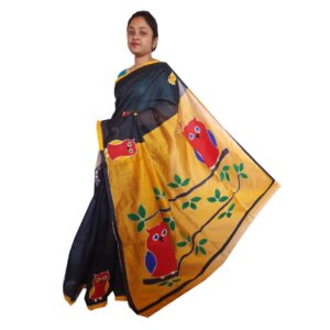 Bengal Cotton Silk Black and Yellow Saree in Applique Work
