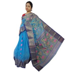 Bengal Handwoven Blue Tussar Silk Saree with Zari Border