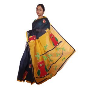 Handloom Cotton Silk Black and Yellow Saree with Applique Work