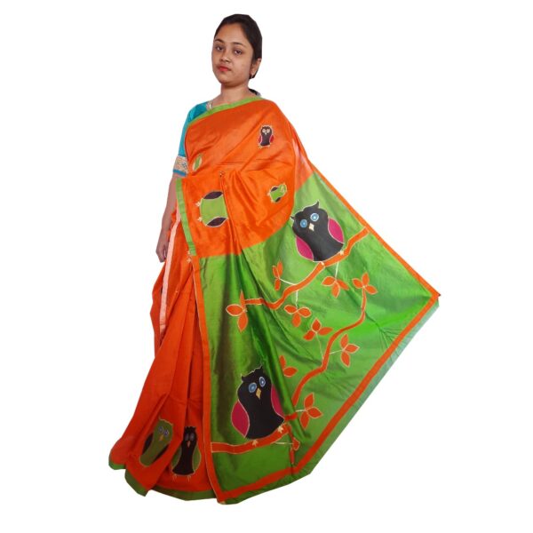 Cotton Silk Orange and Green Saree in Applique Work