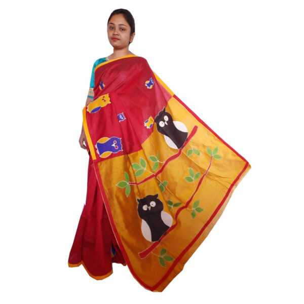 Cotton Silk Red and Yellow Saree in Applique Work