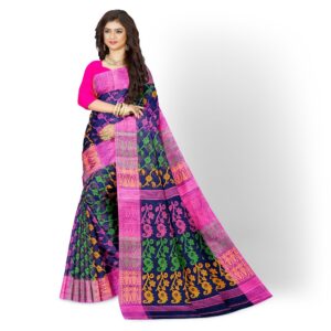 Navy Blue Cotton Saree with Pink Border