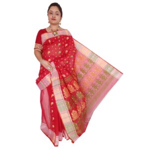 Handwoven Bishnupuri Pure Cotton Red Tant Baluchari Saree