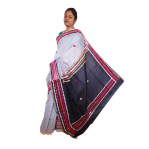 Bengal Cotton Silk Silver Colour Fancy Saree in Black Anchal