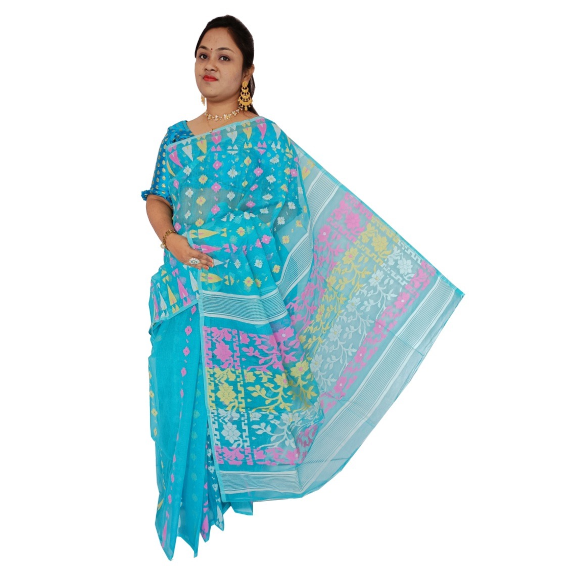 Jangla Jaal Work Muslin Silk Jamdani Saree in Royal Blue and Antique G –  Bengal Looms India