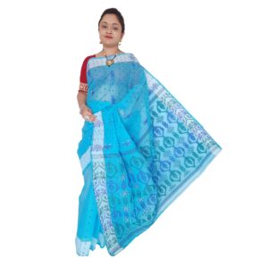 New Handwoven Sky Blue Pure Cotton Tant Baluchari Saree