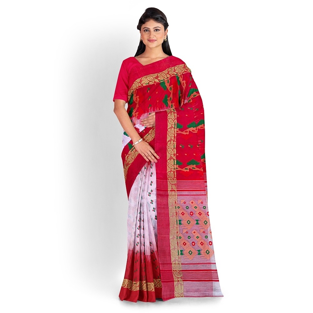Red White Taat Banarasi Saree – Bengali Wedding & Puja Special 1 White Banarasi Saree with Red Border