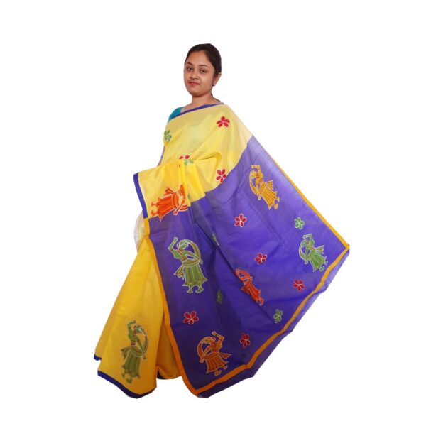 Yellow with Blue Fancy Cotton Silk Handloom Saree
