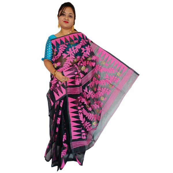 Black and Pink Dhakai Jamdani Tant Saree