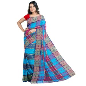 Handwoven Blue and Pink Cotton Tant Saree in Silk Border