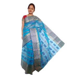 Handwoven Pure Cotton Blue Tant Saree with Zari Border
