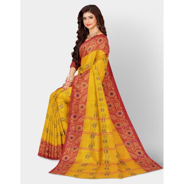 Golden Yellow Cotton Saree with Red Border