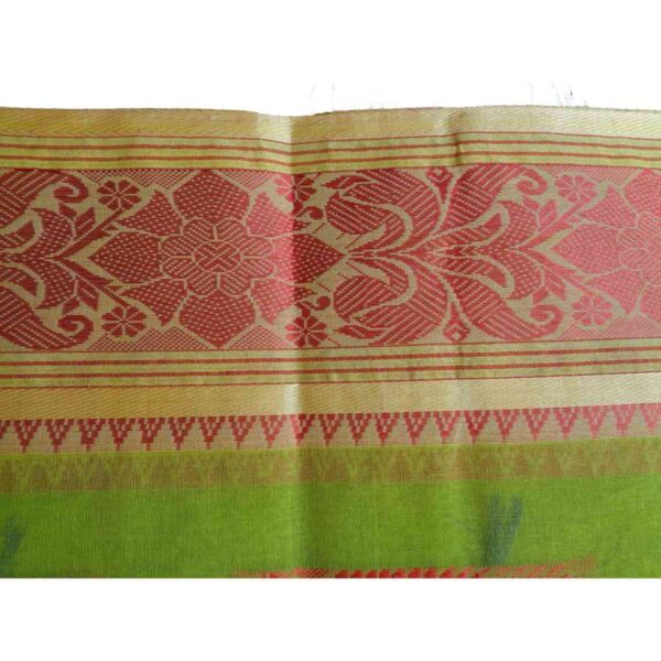 Green Cotton Tant Saree with Red Border
