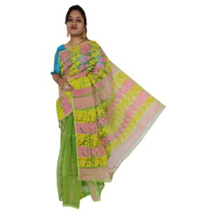 Bengal Handwoven Green Cotton Silk Dhakai Jamdani Saree