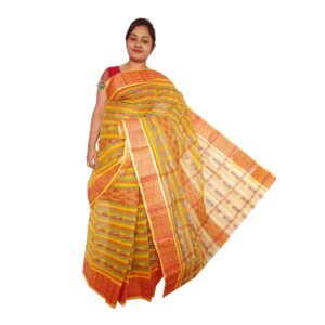 Bengal Handwoven Red and Green Cotton Tant Saree from Fulia