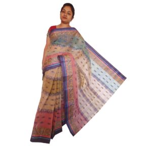 Handwoven Multicolor Cotton Tant Saree with Blue Border