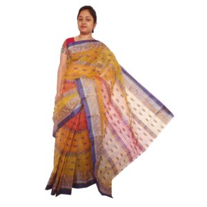 Cotton Mustard Yellow Tant Saree with All Over Body Work