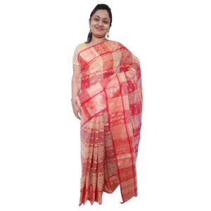 Bengal Off White and Red Cotton Tant Saree in Zari Border
