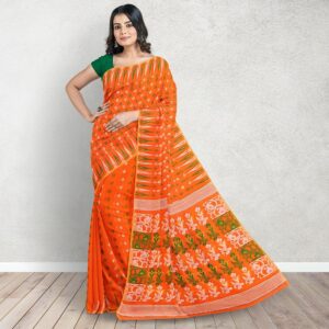 Orange Jamdani Saree with Temple Border