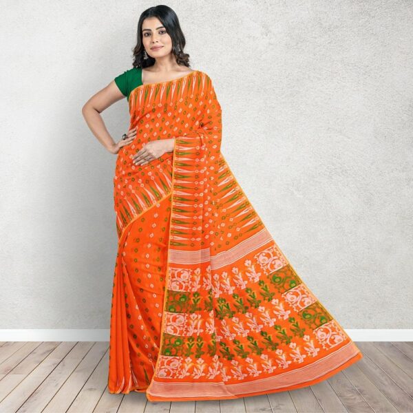 Orange Jamdani Saree with Temple Border