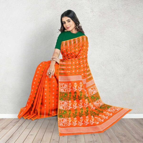 Orange Jamdani Saree with Temple Border