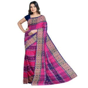 Handwoven Pink and Blue Pure Cotton Tant Saree