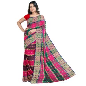 Handwoven Pink with Green Cotton Tant Saree